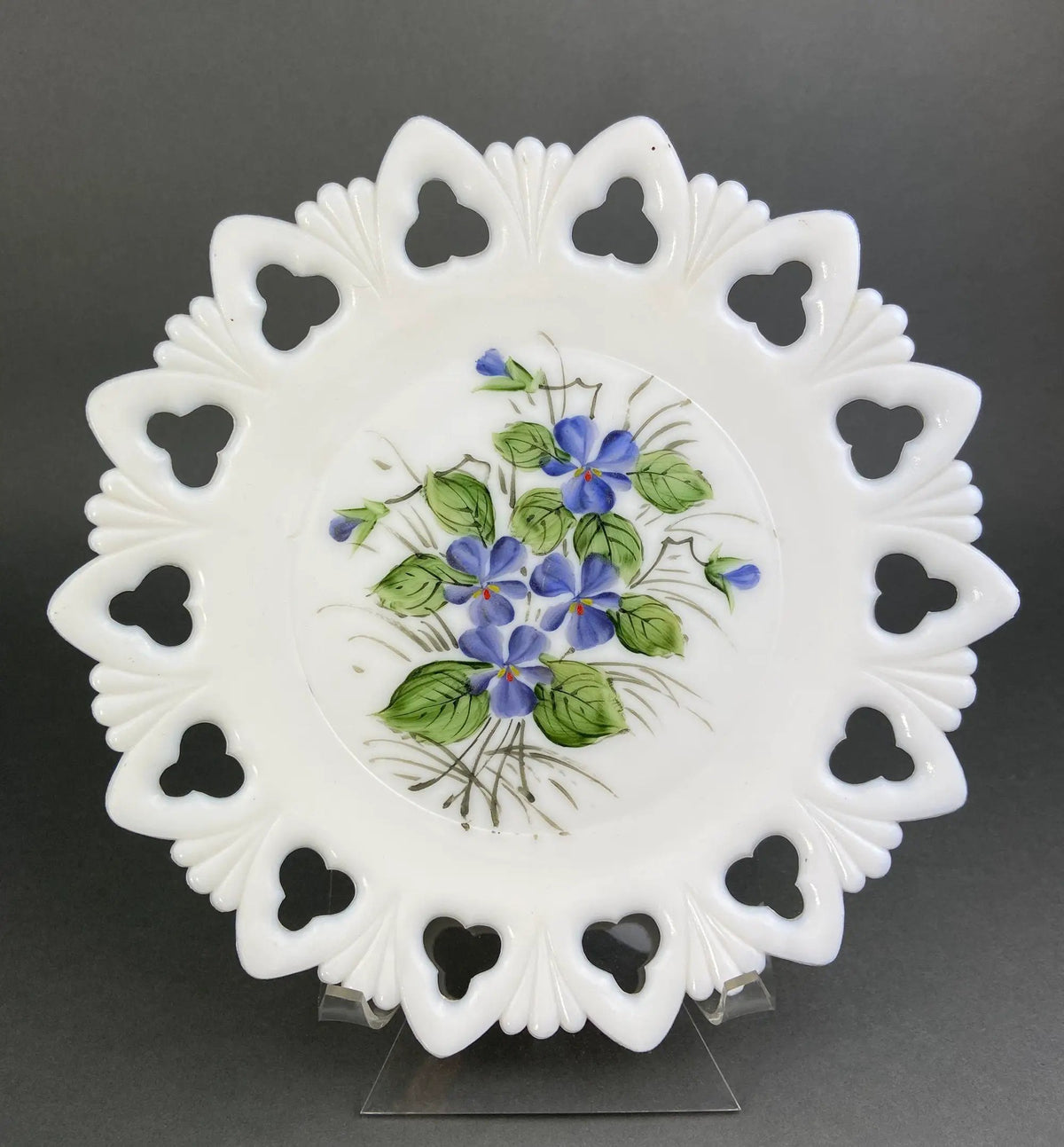 Decorative Milk Glass Plates | Hand Painted Violets | 7.25 Inch Diameter | Set Of Four