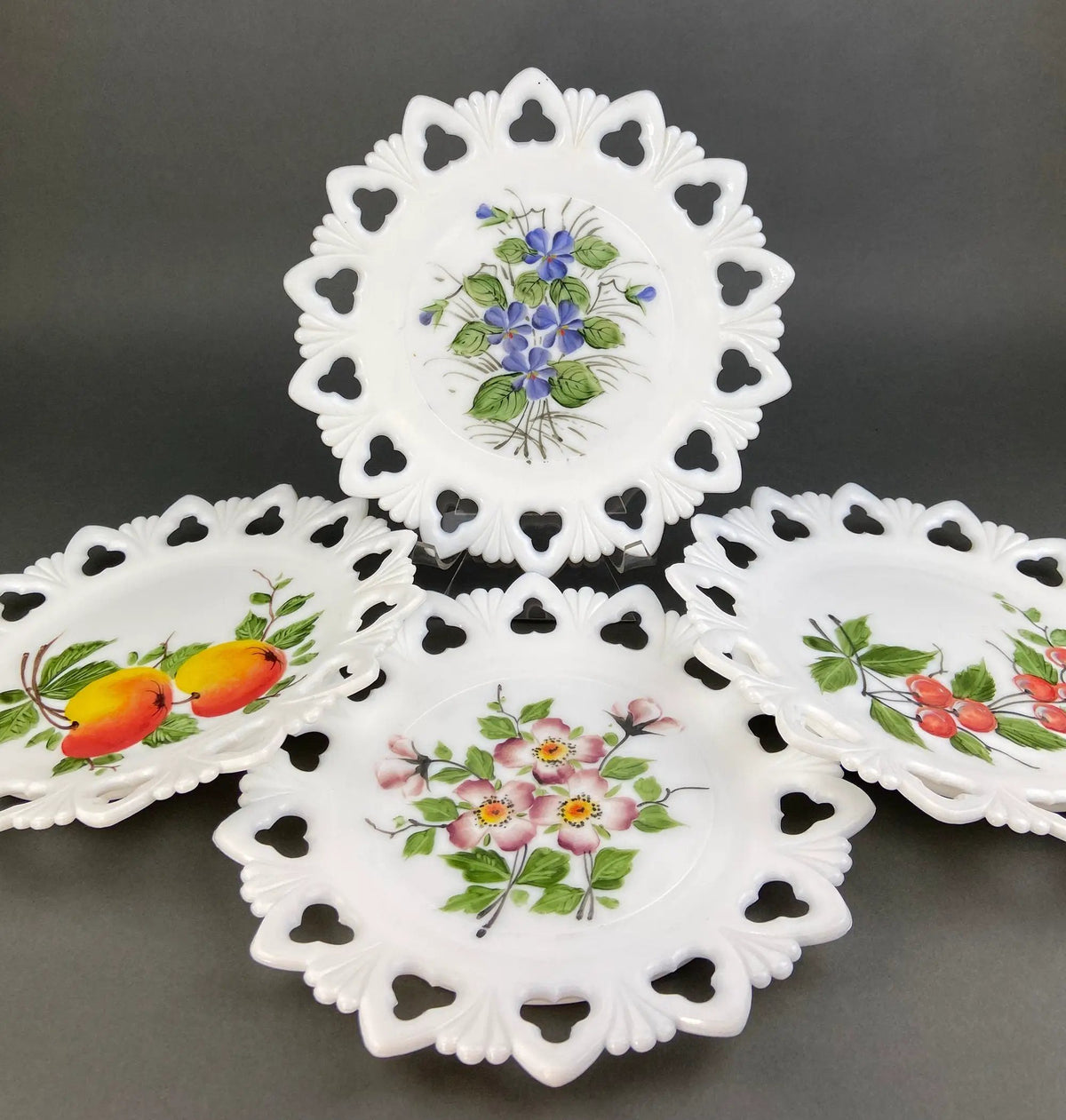 Decorative Milk Glass Plates | Hand Painted Violets | 7.25 Inch Diameter | Set Of Four
