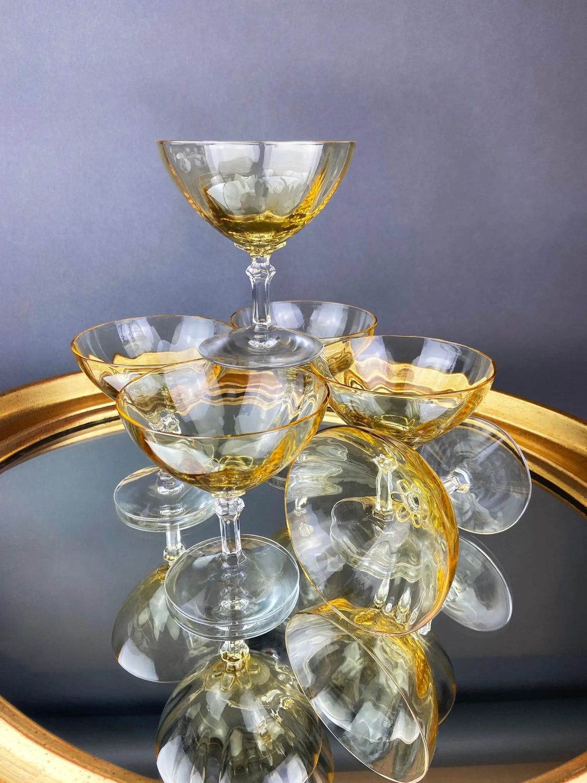 Champagne Glasses | Set Of Six | Light Yellow Topaz | Low Sherbet Gold Rim