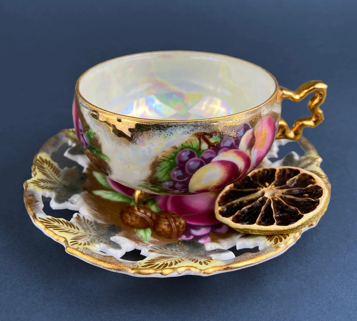 Vintage Mint Green and Gold Tea Cup & Saucer with Fruit Motif | Paragon Fine Bone China | Peaches, Plums, Berries | Gift for Him Her Tea Lover
