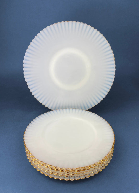1930s Monax Petalware Opalescent Glass Dinner Plates | White Glass with Gold Rim | Depression Glass 8 Inch Dinner Plates | Collectors & Hosts