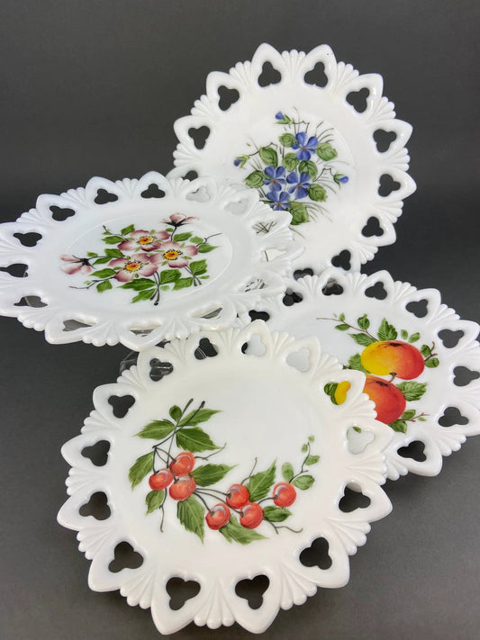 Decorative Milk Glass Plates | Hand Painted Violets | 7.25 Inch Diameter | Set Of Four