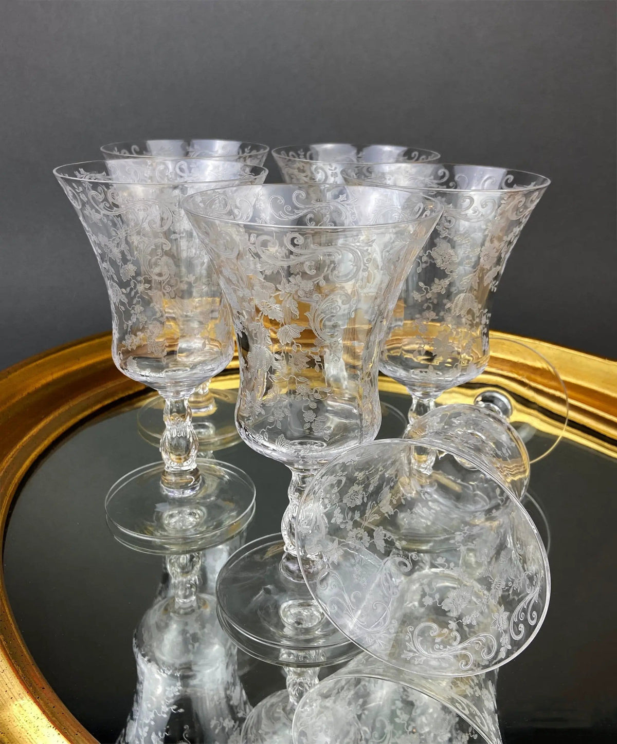 Antique Tiffin Franciscan Wine Goblets with Embossed Gold Rims | Set of 5 Faceted Mid Century Stemware | 24K Gold | Gift for Him Her