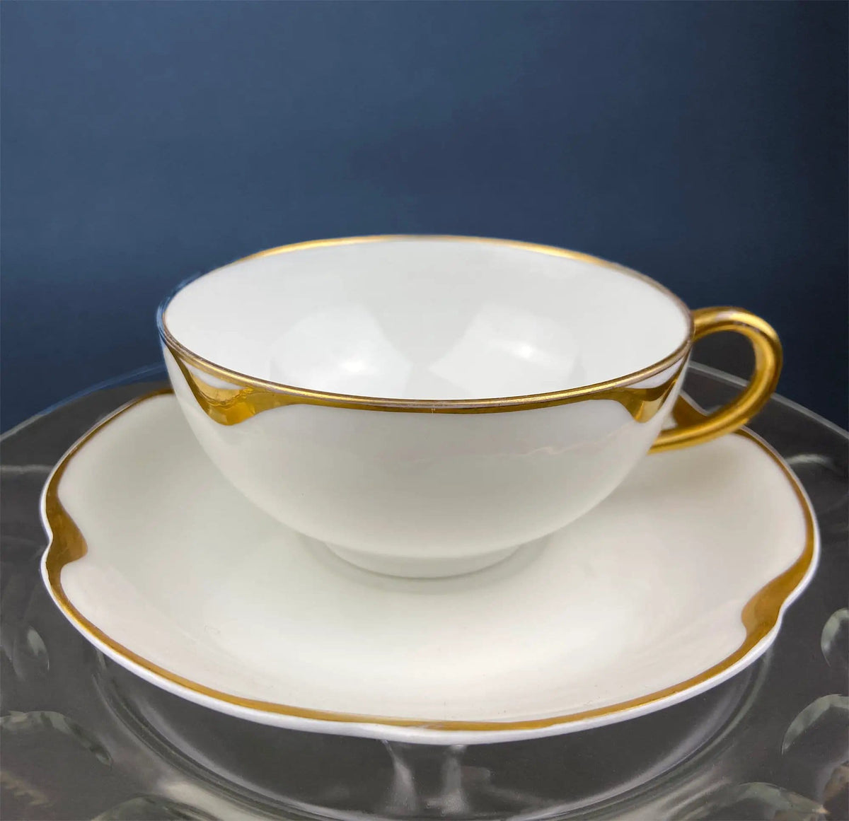 Antique Limoges Porcelain Tea Set/Trio | Tea Cup, Saucer and Salad Plate | White China with Scalloped Gold Rim, Theodore Haviland, France | Collectors & Hosts