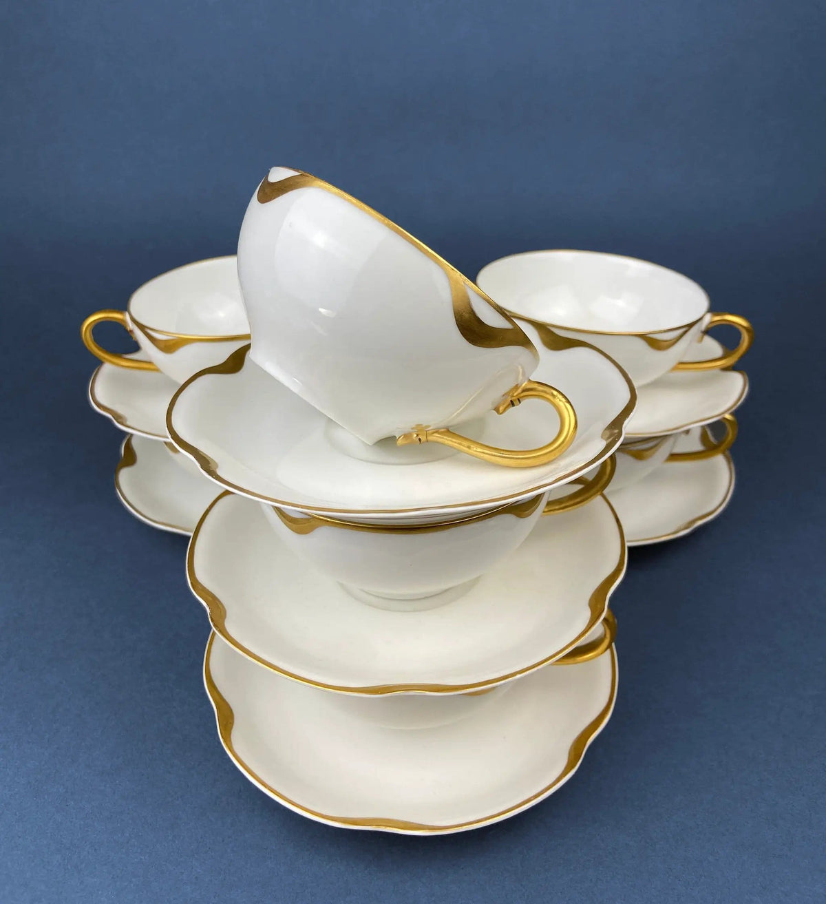 Antique Limoges Porcelain Tea Set/Trio | Tea Cup, Saucer and Salad Plate | White China with Scalloped Gold Rim, Theodore Haviland, France | Collectors & Hosts