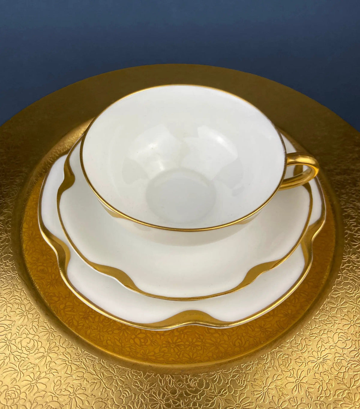 Antique Limoges Porcelain Tea Set/Trio | Tea Cup, Saucer and Salad Plate | White China with Scalloped Gold Rim, Theodore Haviland, France | Collectors & Hosts