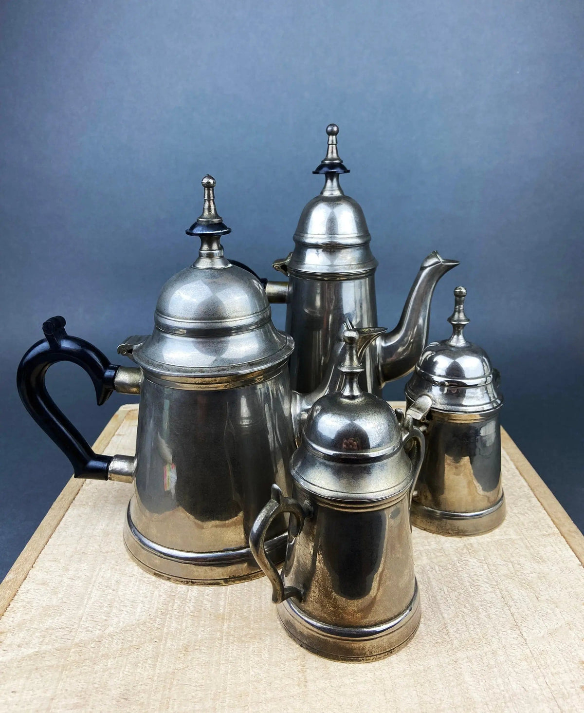Vintage Metal Coffee Pot, Tea Pot with Creamer & Sugar Bowl with Black Handles | Marked WE B.P.M.S | Collectible Vintage | Collectors & Hosts