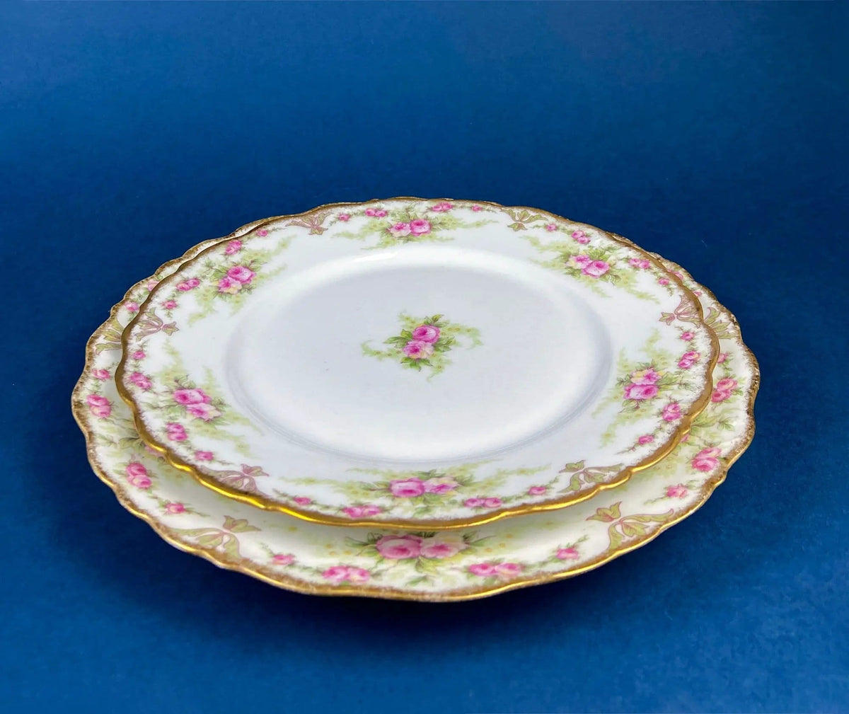 Dinner or Salad Plates, Antique Limoges Elite Porcelain Set of Two Hand-Painted Rose | MF | & Co | Collectors & Hosts