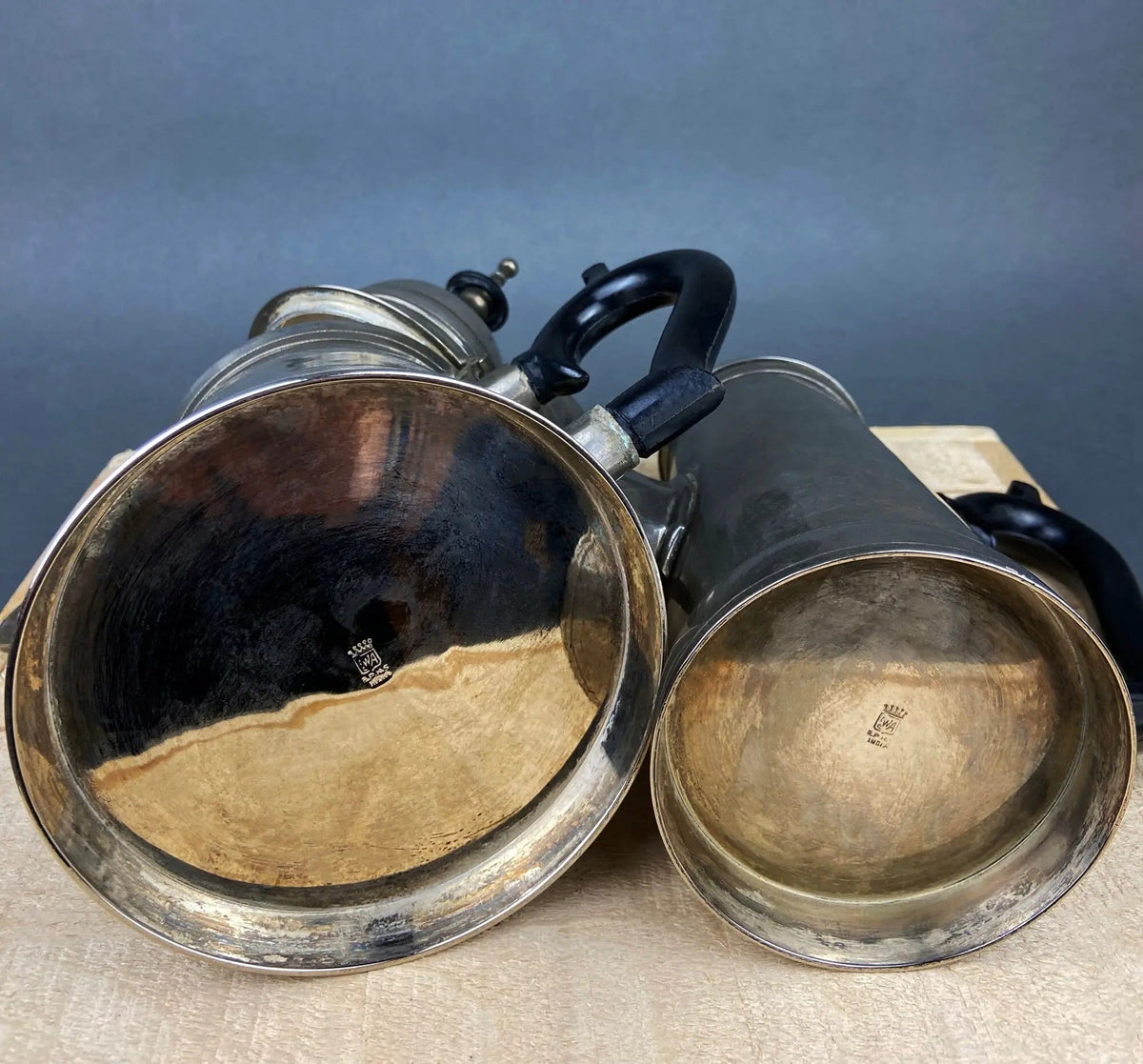 Vintage Metal Coffee Pot, Tea Pot with Creamer & Sugar Bowl with Black Handles | Marked WE B.P.M.S | Collectible Vintage | Collectors & Hosts
