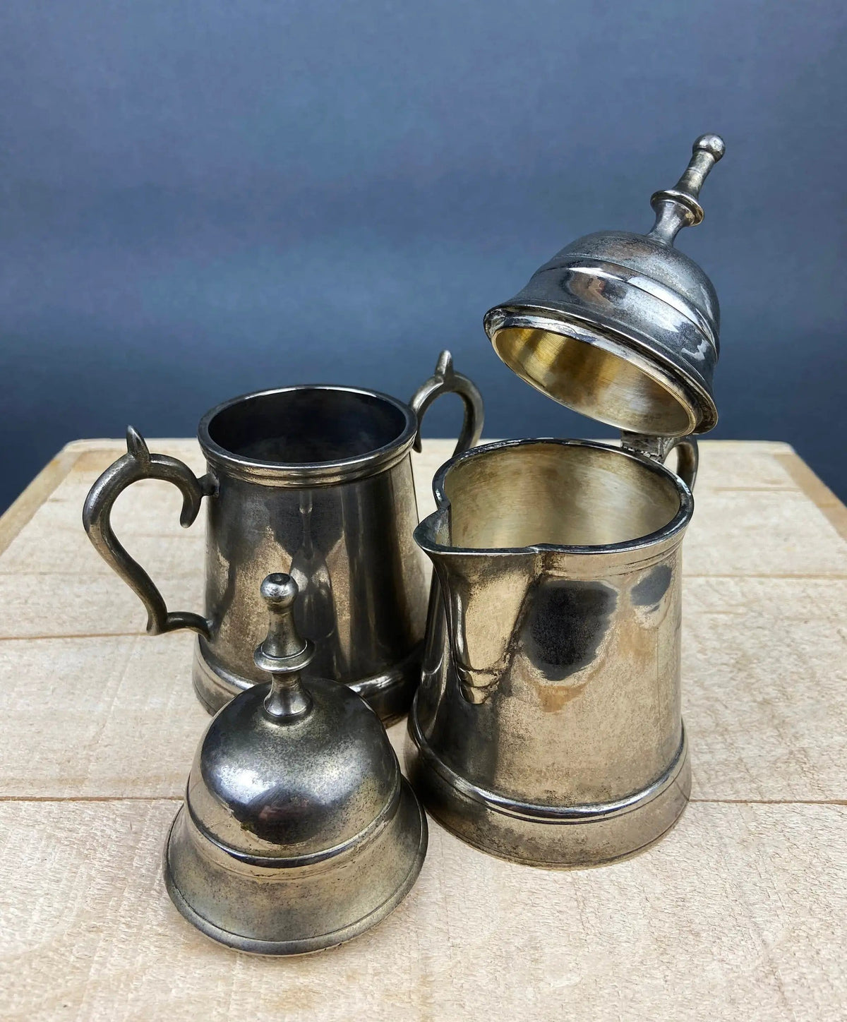 Vintage Metal Coffee Pot, Tea Pot with Creamer & Sugar Bowl with Black Handles | Marked WE B.P.M.S | Collectible Vintage | Collectors & Hosts