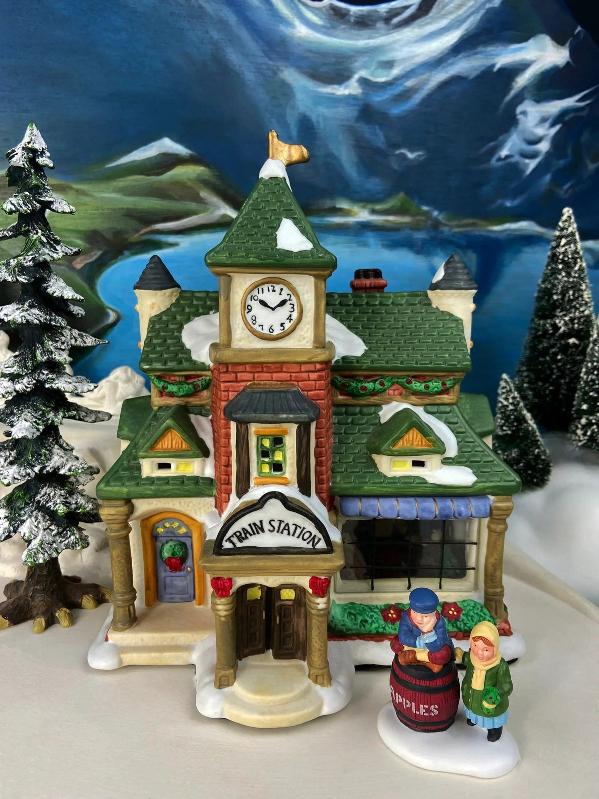 Porcelain Train Station with Clock Tower | Illuminated Christmas Village House | Holiday Decor | Collectors & Hosts