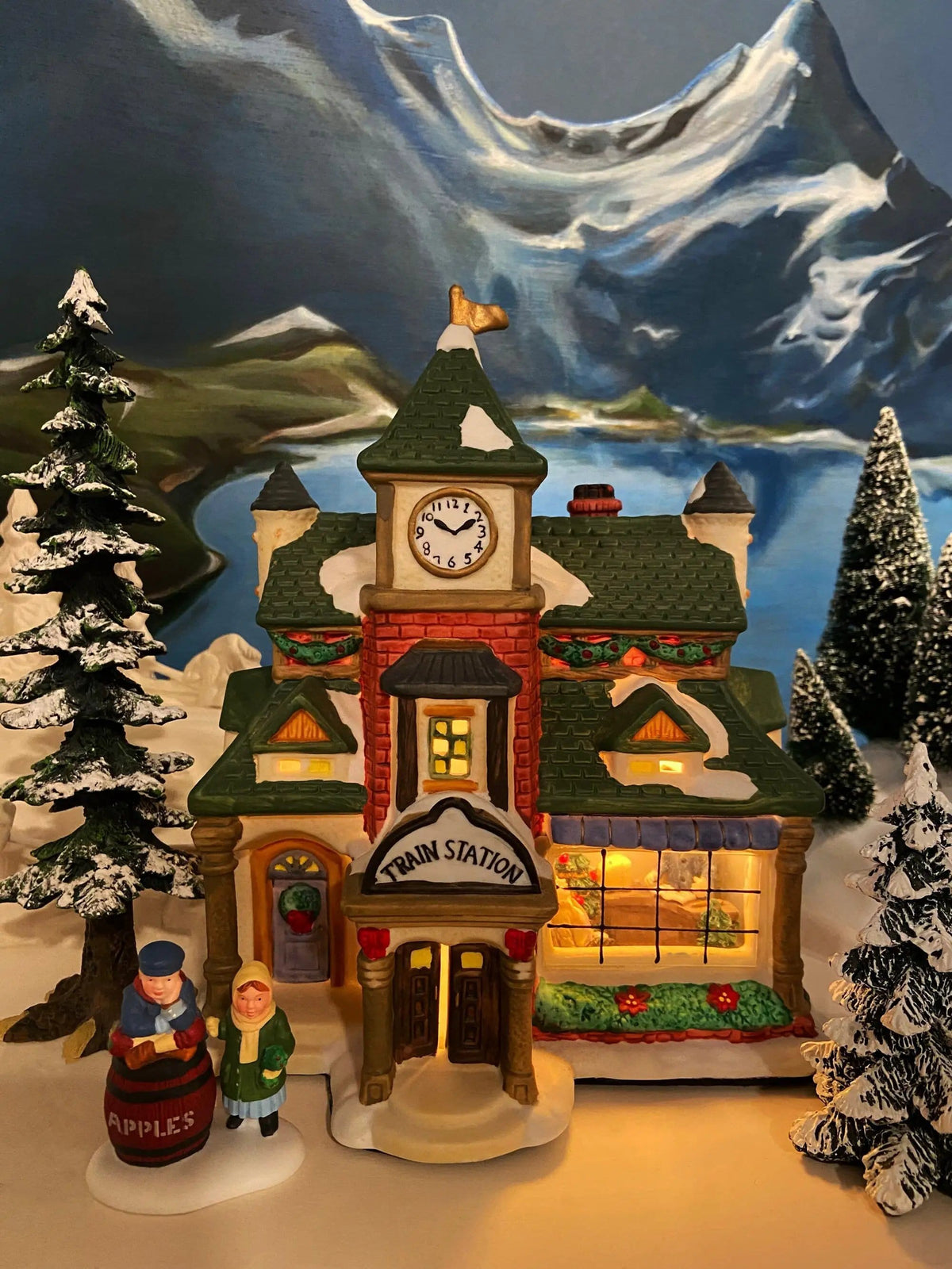 Porcelain Train Station with Clock Tower | Illuminated Christmas Village House | Holiday Decor | Collectors & Hosts