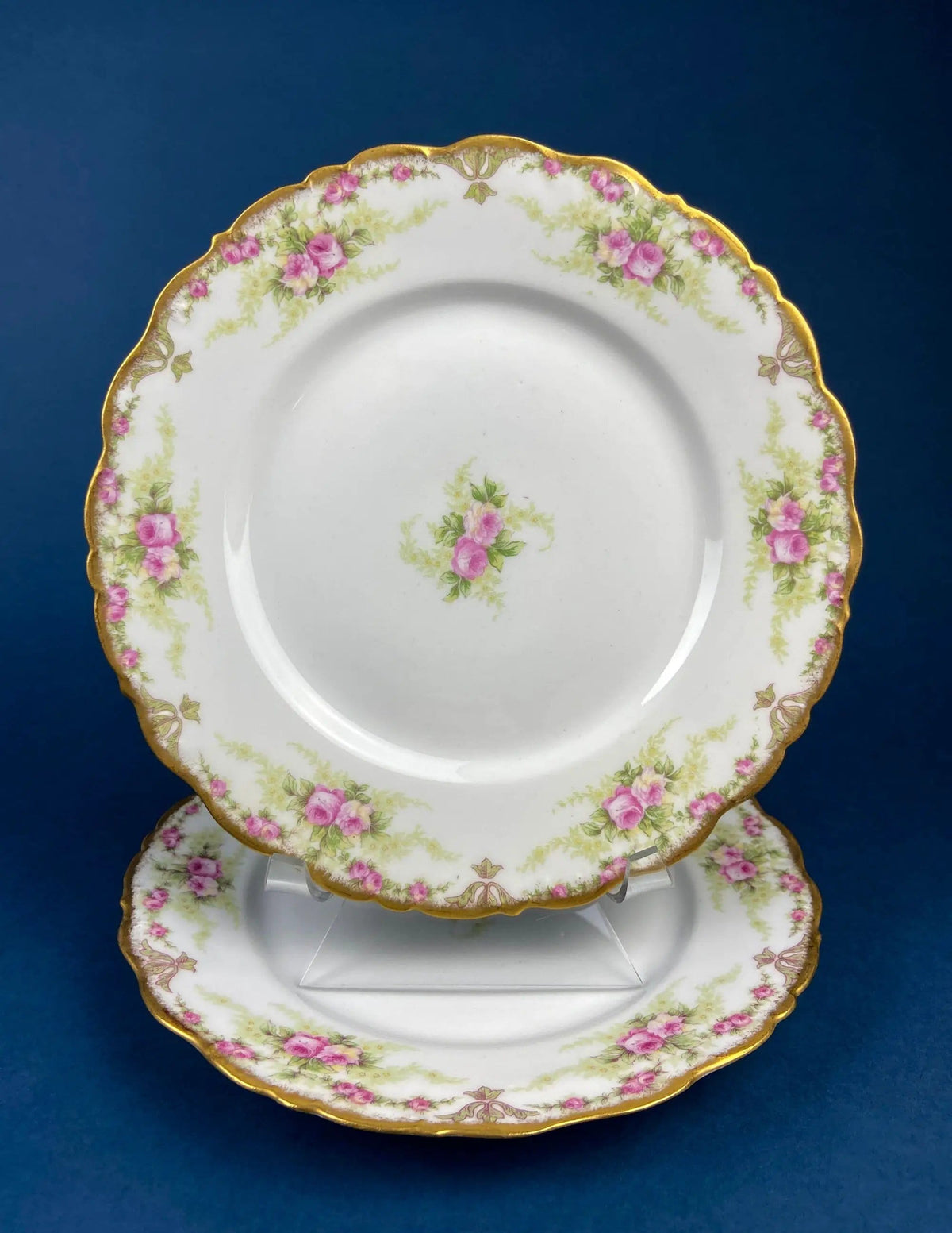 Dinner or Salad Plates, Antique Limoges Elite Porcelain Set of Two Hand-Painted Rose | MF | & Co | Collectors & Hosts