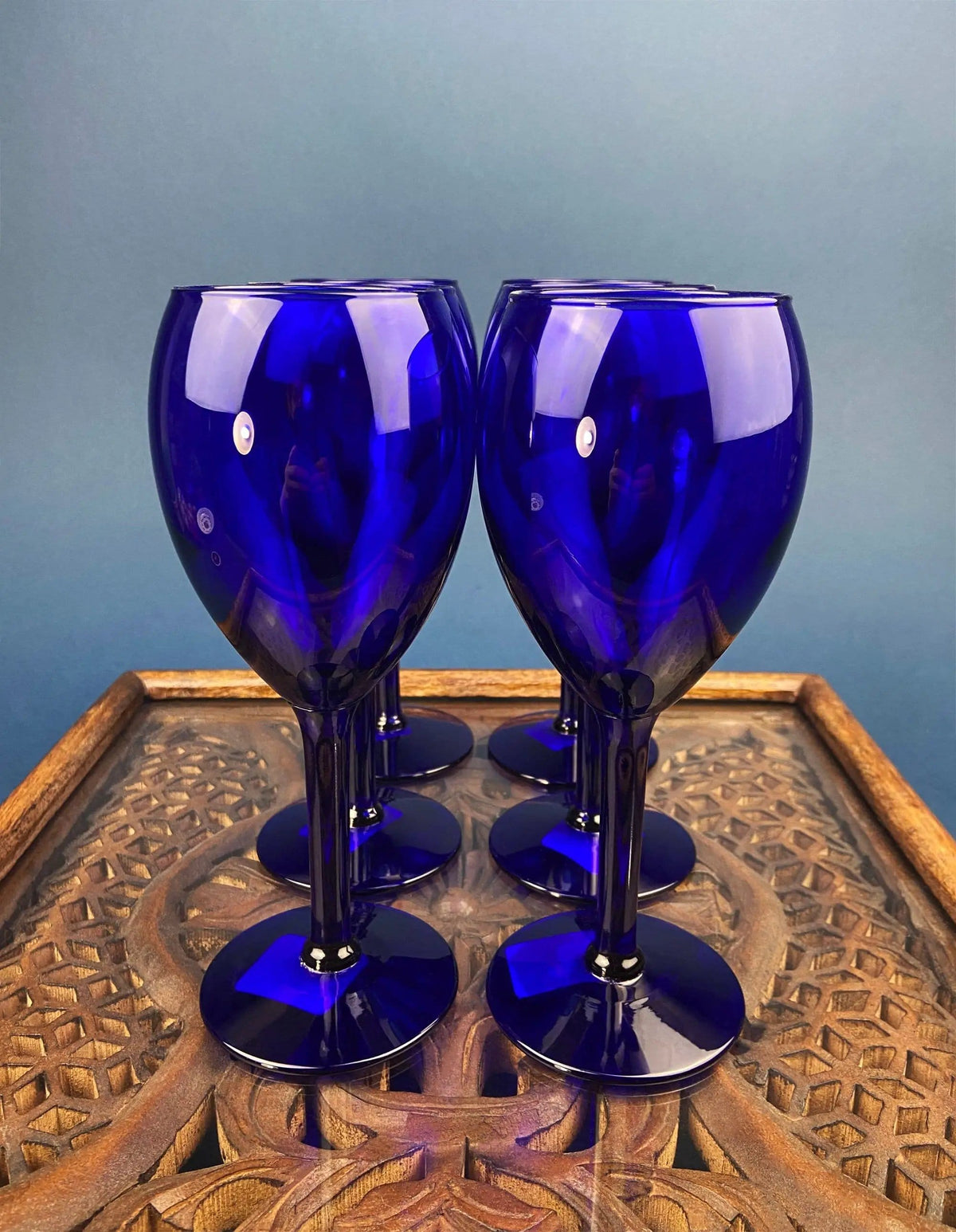 Cobalt Blue Wine Glasses | Set of Six Stemware | Dark Blue Modern Glasses | Collectors & Hosts