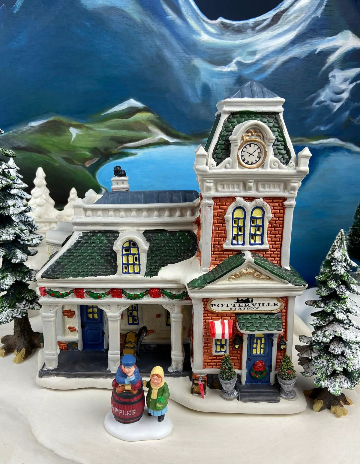Porcelain Train Station with Clock Tower | Illuminated Christmas Village House | Holiday Decor | Collectors & Hosts