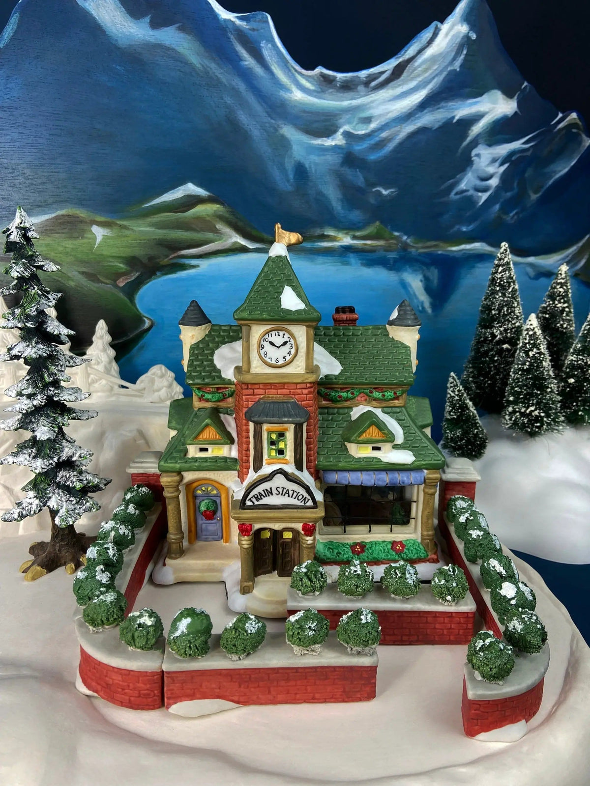 Porcelain Train Station with Clock Tower | Illuminated Christmas Village House | Holiday Decor | Collectors & Hosts