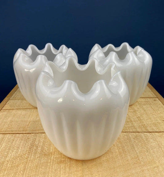 Milk Glass Planters or Vases | Vintage White Flower Pots with Ribbed Patterns and Pinched Rims | Set of Three | Collectors & Hosts