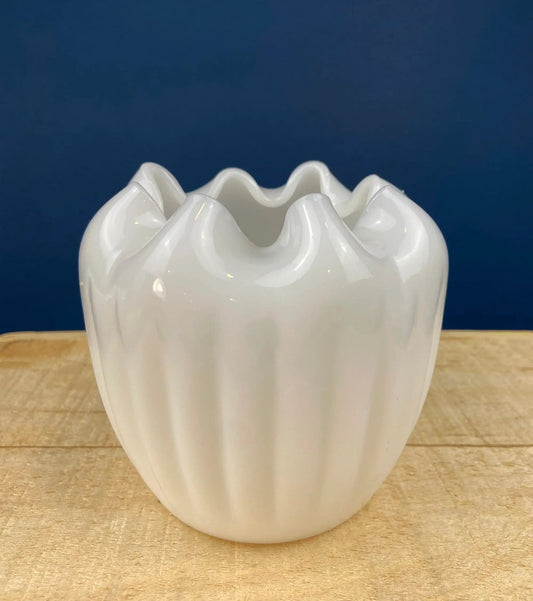 Milk Glass Planter or Vase | Vintage White Flower Pot with Ribbed Pattern and Pinched Rim | Window Sill Herbal Garden | Collectors & Hosts