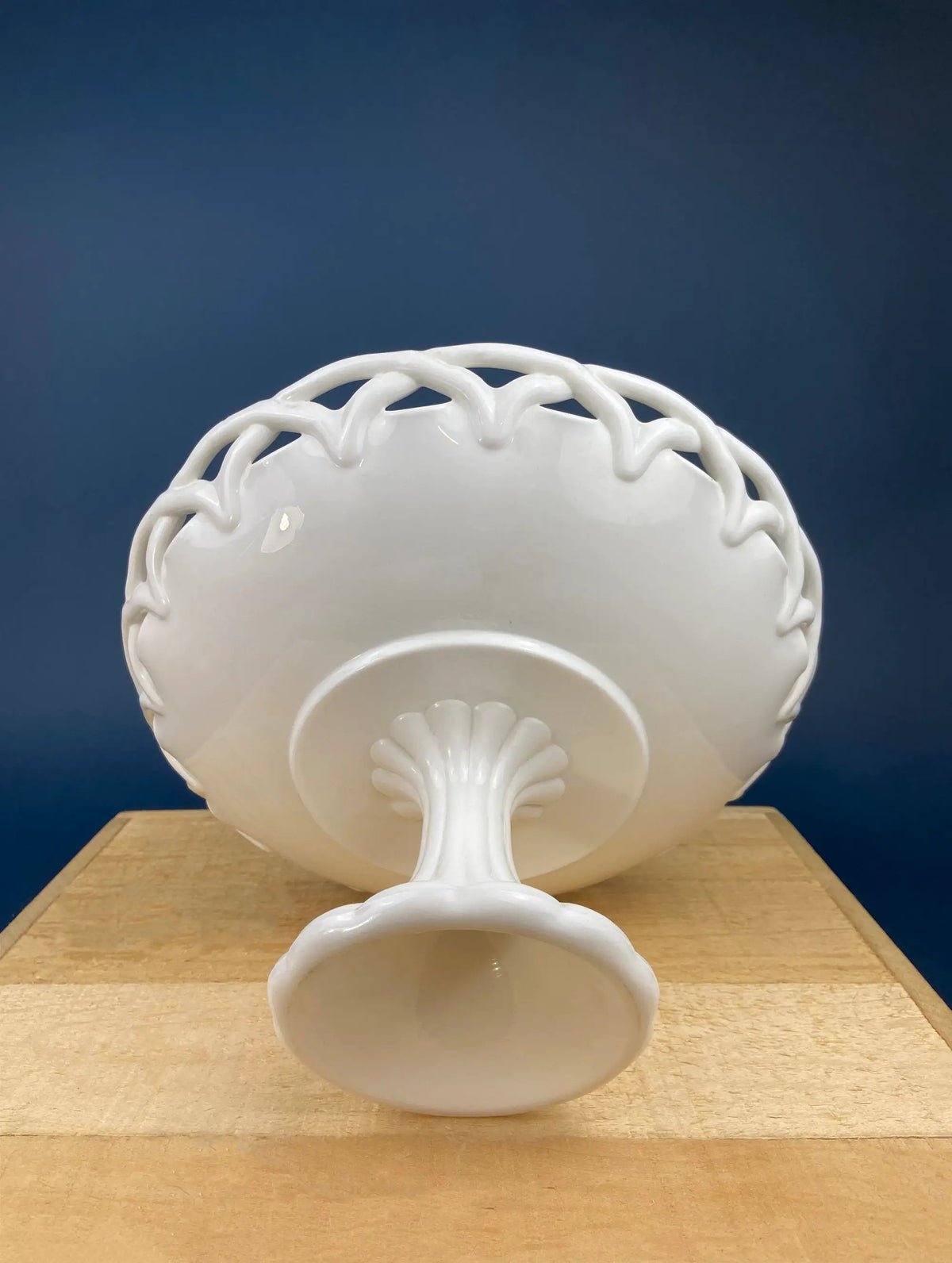 Milk Glass Pedestal Bowl | Doric Pattern | Lace Edge | 10 Inch