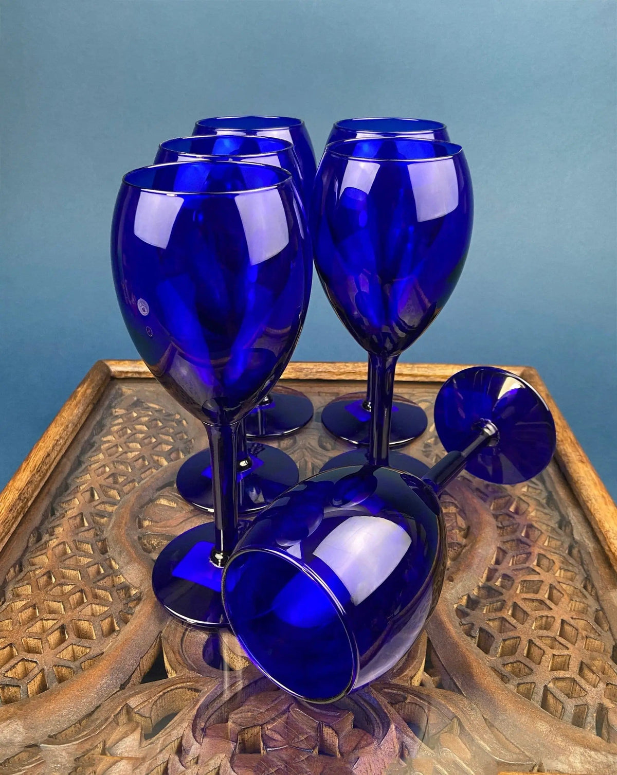 Cobalt Blue Wine Glasses | Set of Six Stemware | Dark Blue Modern Glasses | Collectors & Hosts