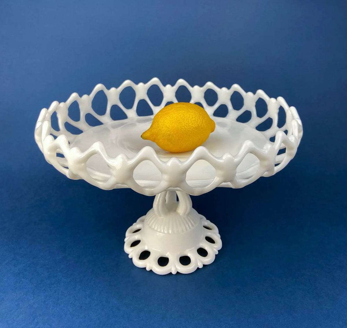 Milk Glass Pedestal Bowl | Doric Pattern | Lace Edge | 10 Inch