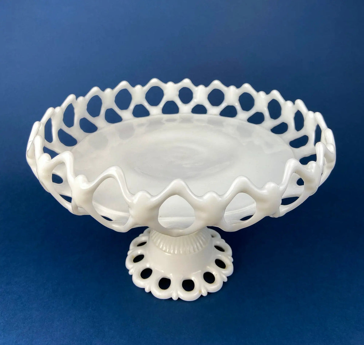 Milk Glass Pedestal Bowl | Doric Pattern | Lace Edge | 10 Inch