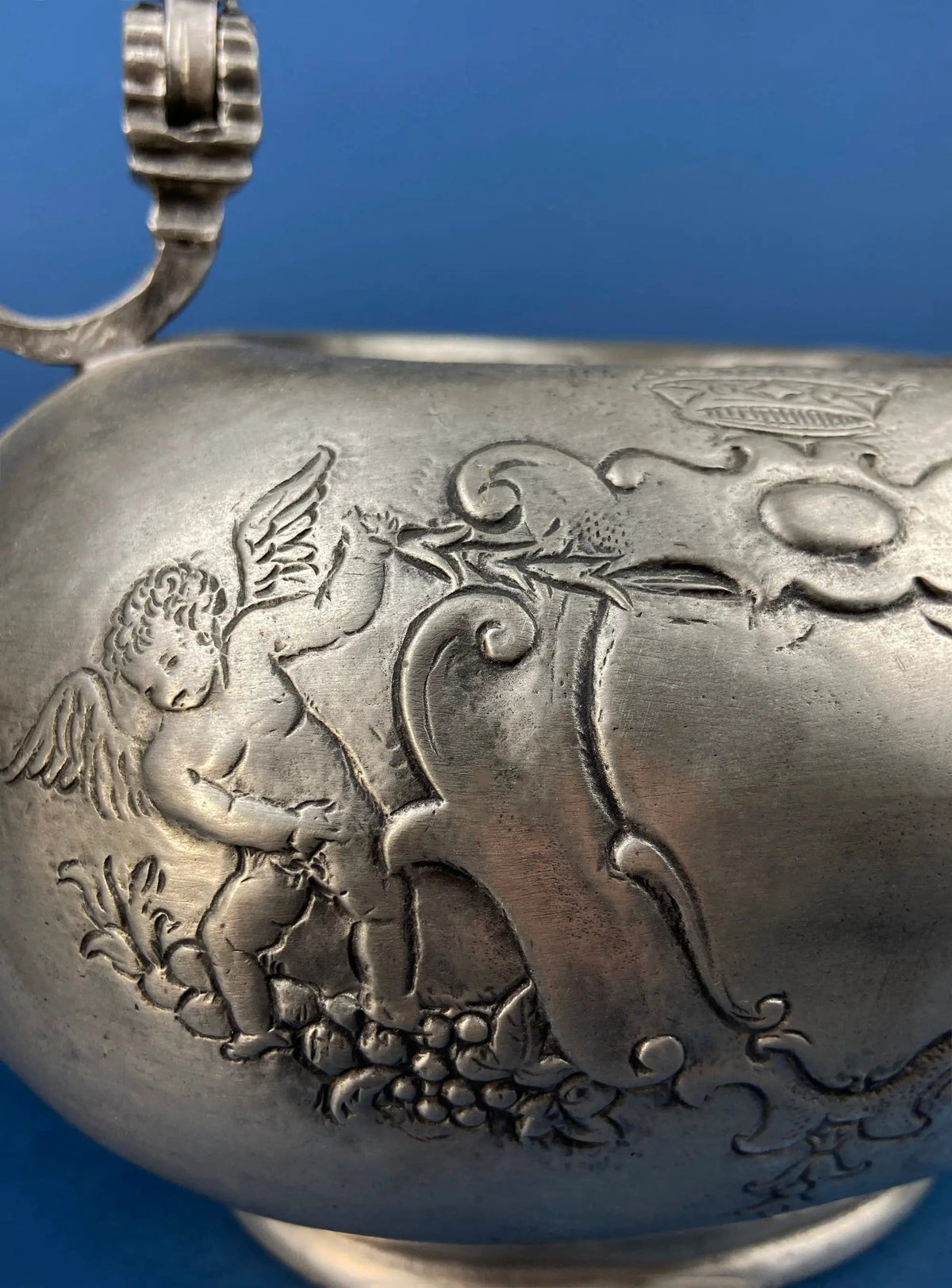 Pewter Teapot by Etain Zinn | Etched with Heart and Cupids Antique Teapot | Spout Shaped like Eagle | Collectors & Hosts