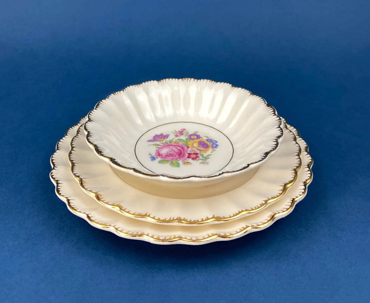 Vintage Dish Set | Leigh Wake by Leigh Potters | Set of 4 Placements: Dinner, Salad Plates, Soup, Salad Bowls, One Serving Dish & Teacups | Collectors & Hosts