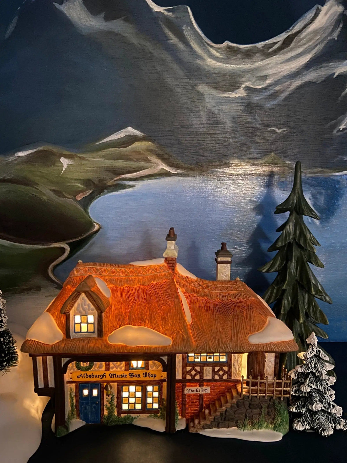 Illuminated Aldeburgh Music Box Shop | Celebrating Music | Christmas Village Porcelain House and Built-in Music Box | Collectors & Hosts