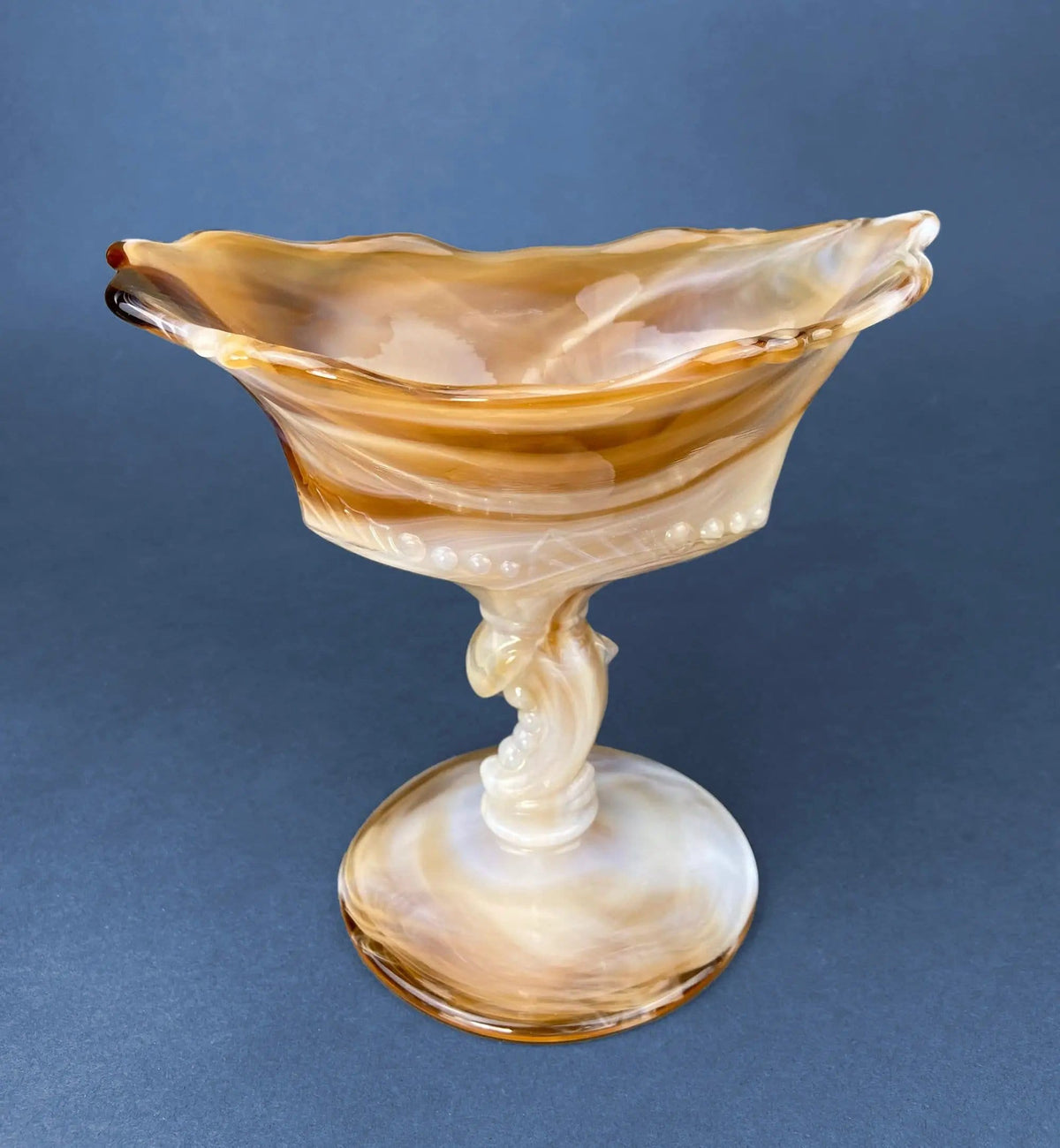 Vintage Slag Glass Footed Bowl | Brown and White Marbled Compote with Floral Base | Candy or Trinket Dish | Collectors & Hosts