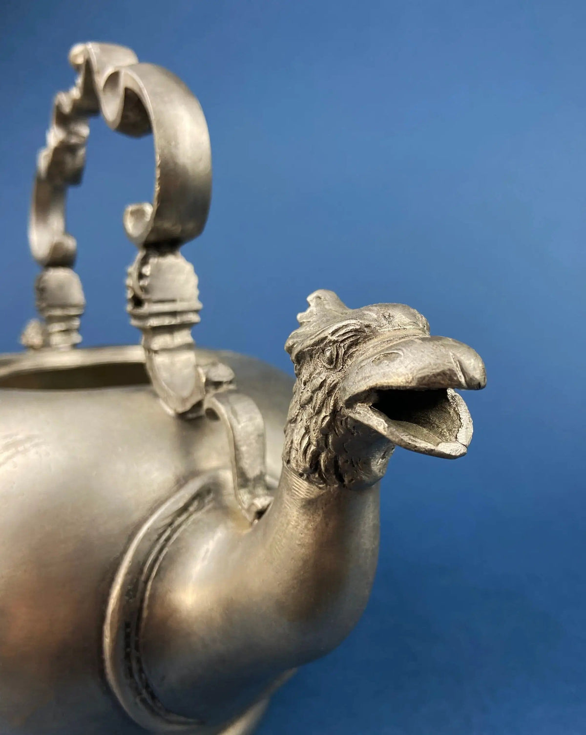Pewter Teapot by Etain Zinn | Etched with Heart and Cupids Antique Teapot | Spout Shaped like Eagle | Collectors & Hosts