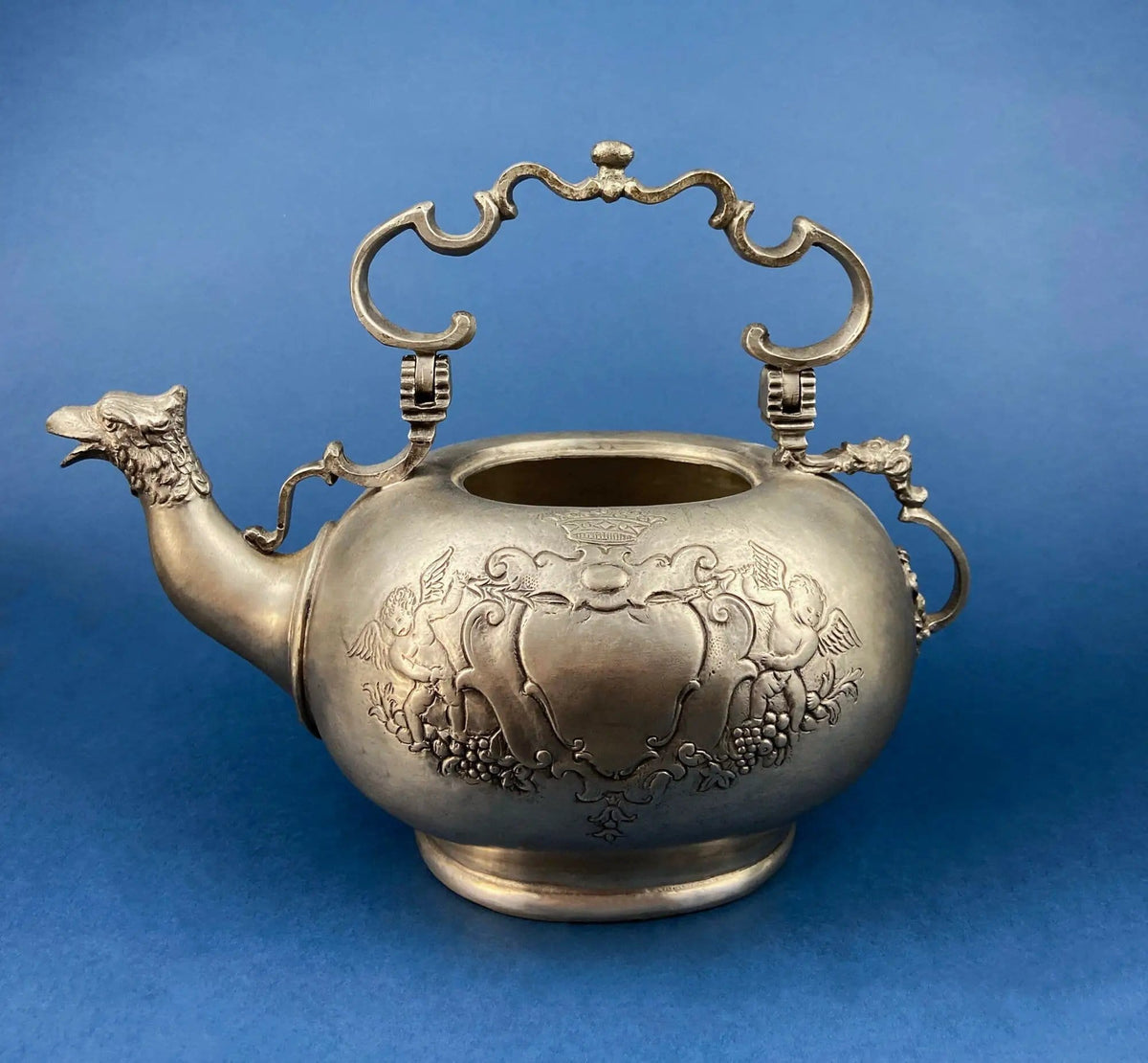 Pewter Teapot by Etain Zinn | Etched with Heart and Cupids Antique Teapot | Spout Shaped like Eagle | Collectors & Hosts