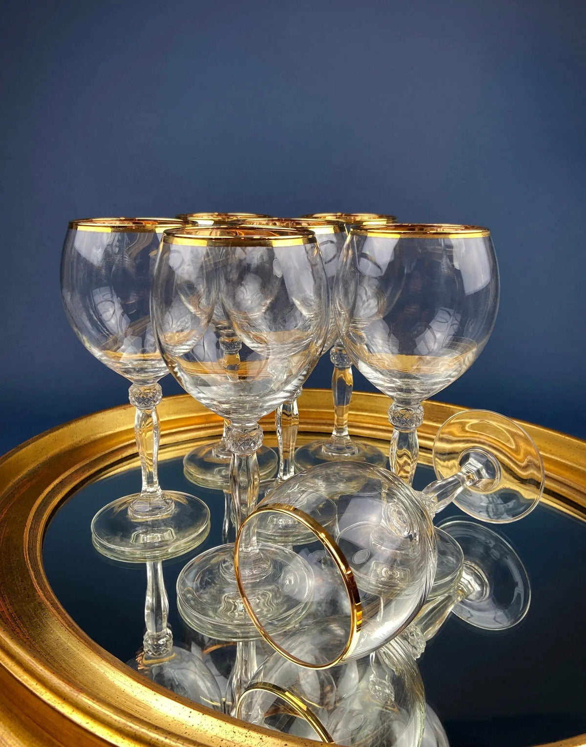 Antique Tiffin Franciscan Wine Goblets with Embossed Gold Rims | Set of 5 Faceted Mid Century Stemware | 24K Gold | Gift for Him Her