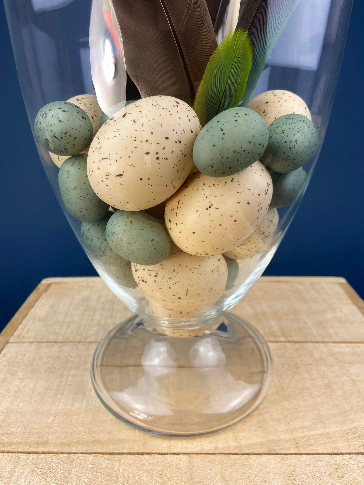 Large Lidded Apothecary with Eggs and Feathers | Alternative Spring/Easter Decor | Footed, Glass Storage Jar | Collectors & Hosts