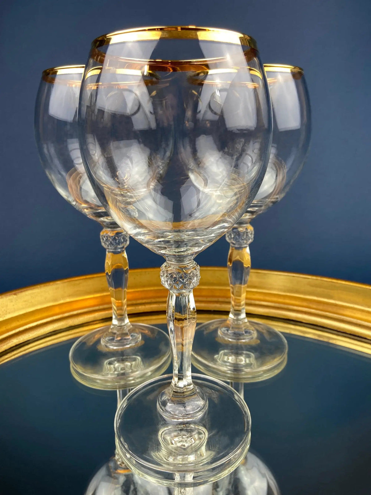 Antique Tiffin Franciscan Wine Goblets with Embossed Gold Rims | Set of 5 Faceted Mid Century Stemware | 24K Gold | Gift for Him Her