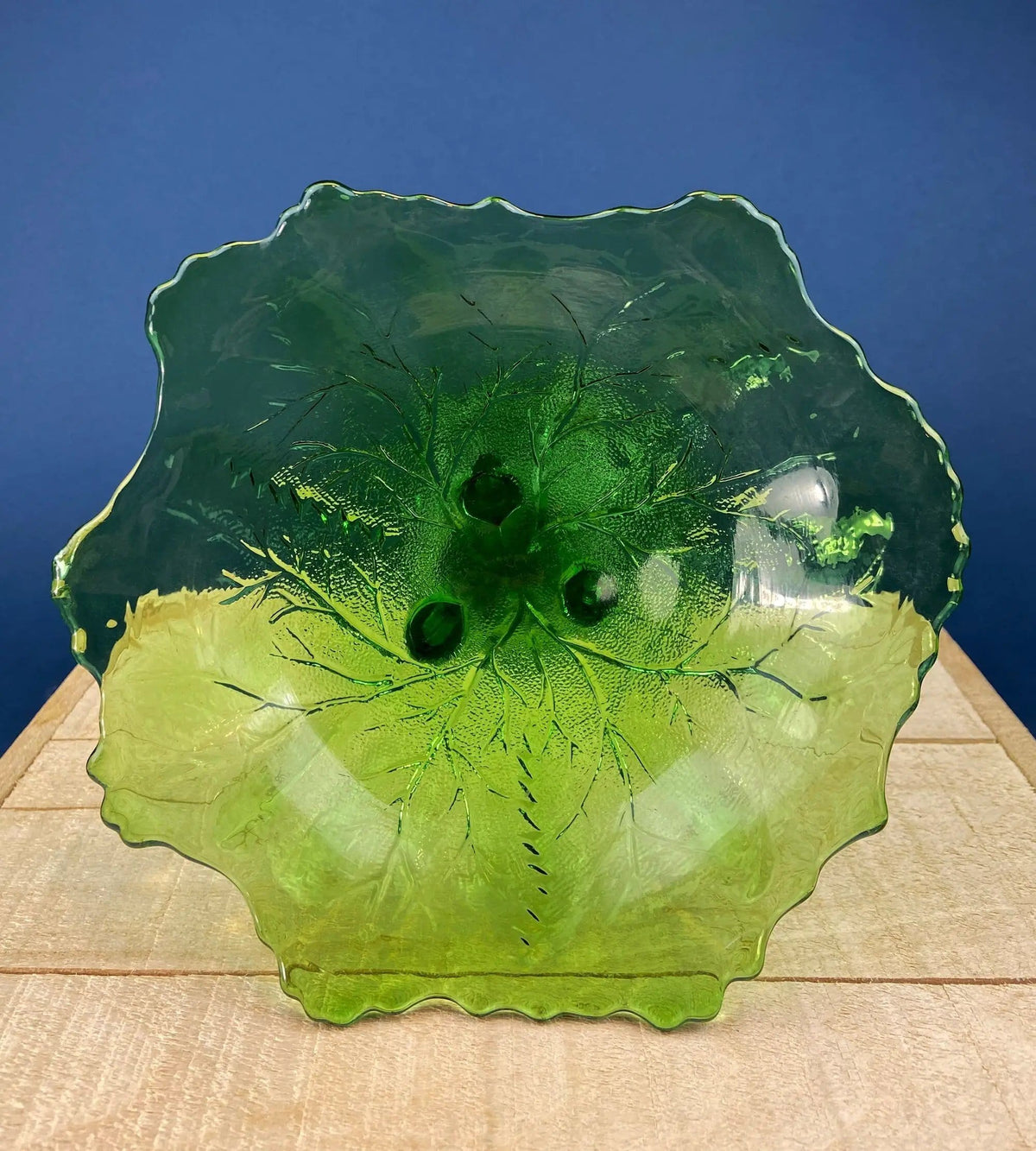 Green Glass Compote Shaped Like a Tree | Vintage Footed Serving Dish with Stem Shaped like a Tree Trunk | Fruit Stand | Collectors & Hosts