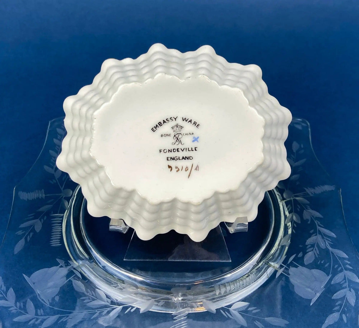 Antique Porcelain Berry Bowls in Blueberry Motif | Set of Two Small Serving Plates by Embassy Ware, Fondeville, England | Scalloped Rim | Collectors & Hosts