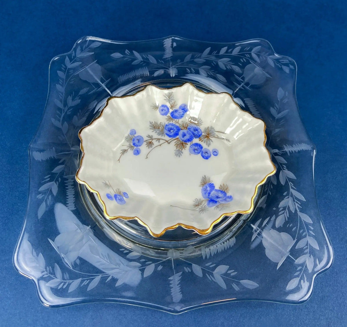 Antique Porcelain Berry Bowls in Blueberry Motif | Set of Two Small Serving Plates by Embassy Ware, Fondeville, England | Scalloped Rim | Collectors & Hosts