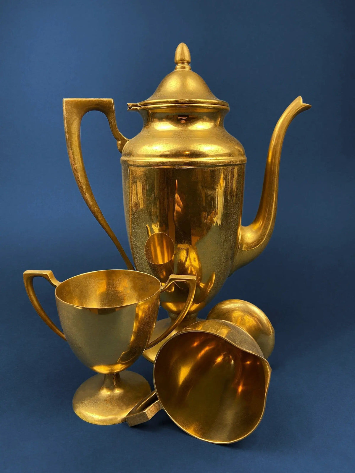 Vintage Brass Coffee Pot, Creamer & Sugar Bowl | Heavy Brass with Art Deco Style Handles | Elegant Coffee Service | Collectors & Hosts