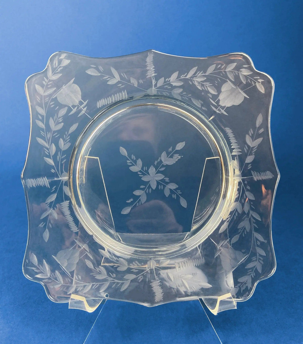 Antique Etched Glass Dessert Plates or Salad Plates | Set of Seven Square Serving Plates with Scalloped Edges | Fine Dining | Collectors & Hosts