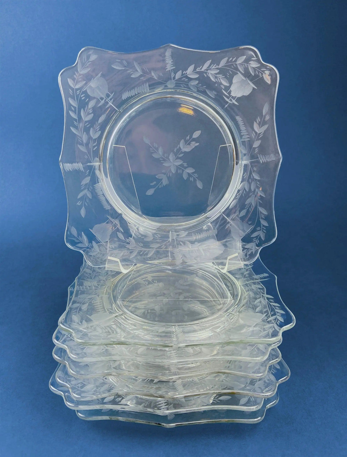 Antique Etched Glass Dessert Plates or Salad Plates | Set of Seven Square Serving Plates with Scalloped Edges | Fine Dining | Collectors & Hosts