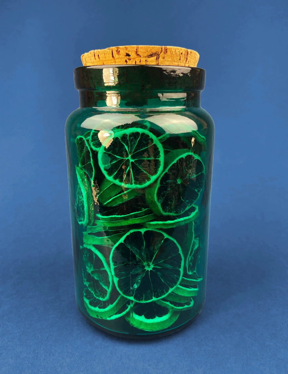 Green Glass Storage Jar with Dried Orange Slices | Large, Deep Green Glass Canister with Cork Lid | Countertop Container | Collectors & Hosts