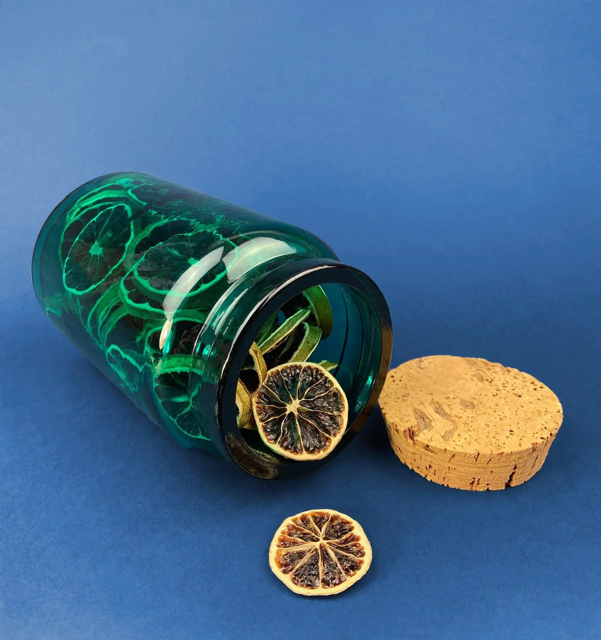Green Glass Storage Jar with Dried Orange Slices | Large, Deep Green Glass Canister with Cork Lid | Countertop Container | Collectors & Hosts