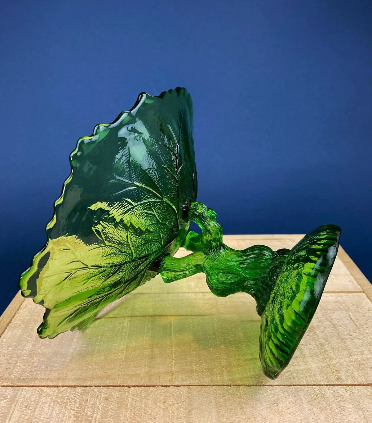 Green Glass Compote Shaped Like a Tree | Vintage Footed Serving Dish with Stem Shaped like a Tree Trunk | Fruit Stand | Collectors & Hosts