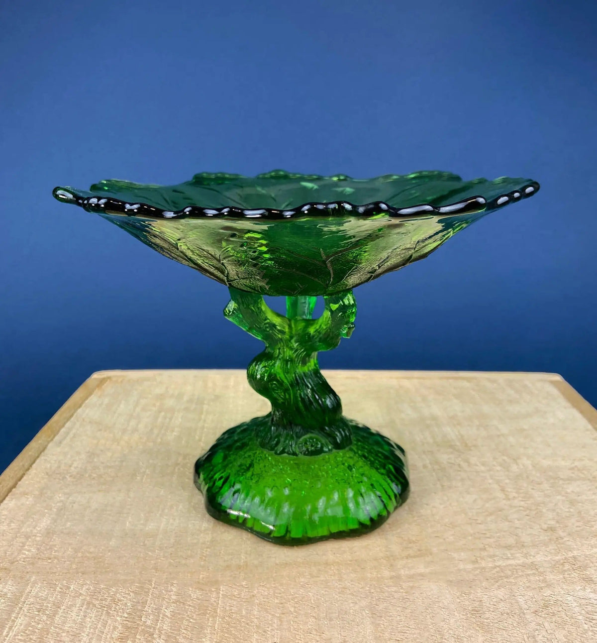 Green Glass Compote Shaped Like a Tree | Vintage Footed Serving Dish with Stem Shaped like a Tree Trunk | Fruit Stand | Collectors & Hosts
