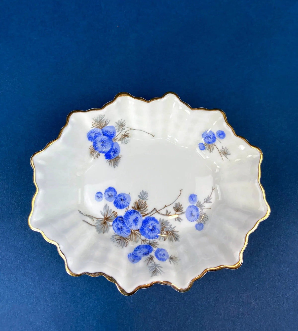Antique Porcelain Berry Bowls in Blueberry Motif | Set of Two Small Serving Plates by Embassy Ware, Fondeville, England | Scalloped Rim | Collectors & Hosts