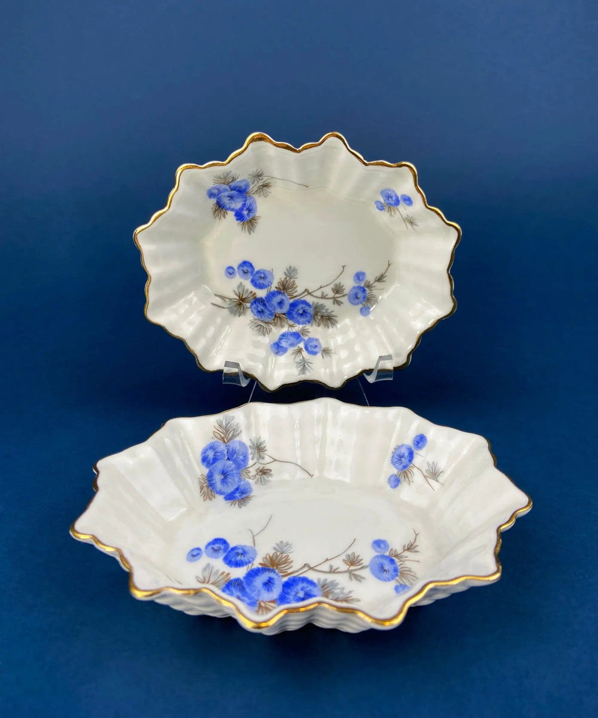 Antique Porcelain Berry Bowls in Blueberry Motif | Set of Two Small Serving Plates by Embassy Ware, Fondeville, England | Scalloped Rim | Collectors & Hosts