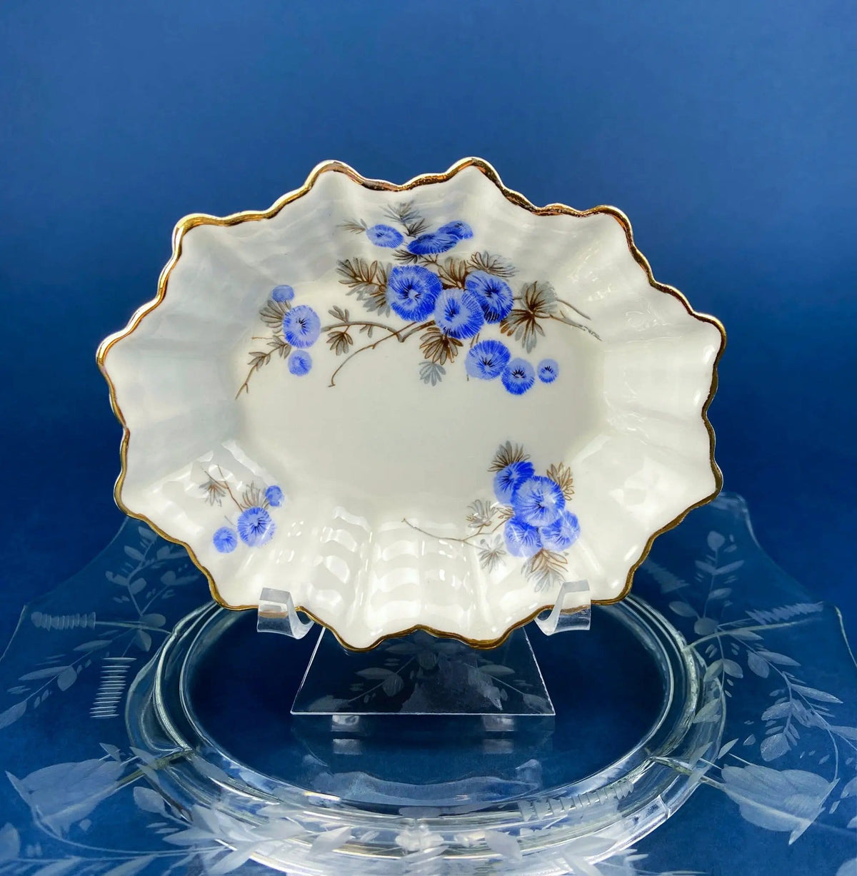 Antique Porcelain Berry Bowls in Blueberry Motif | Set of Two Small Serving Plates by Embassy Ware, Fondeville, England | Scalloped Rim | Collectors & Hosts