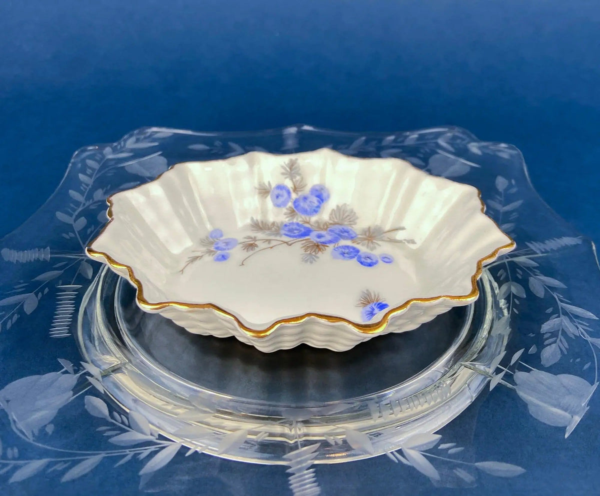 Antique Porcelain Berry Bowls in Blueberry Motif | Set of Two Small Serving Plates by Embassy Ware, Fondeville, England | Scalloped Rim | Collectors & Hosts