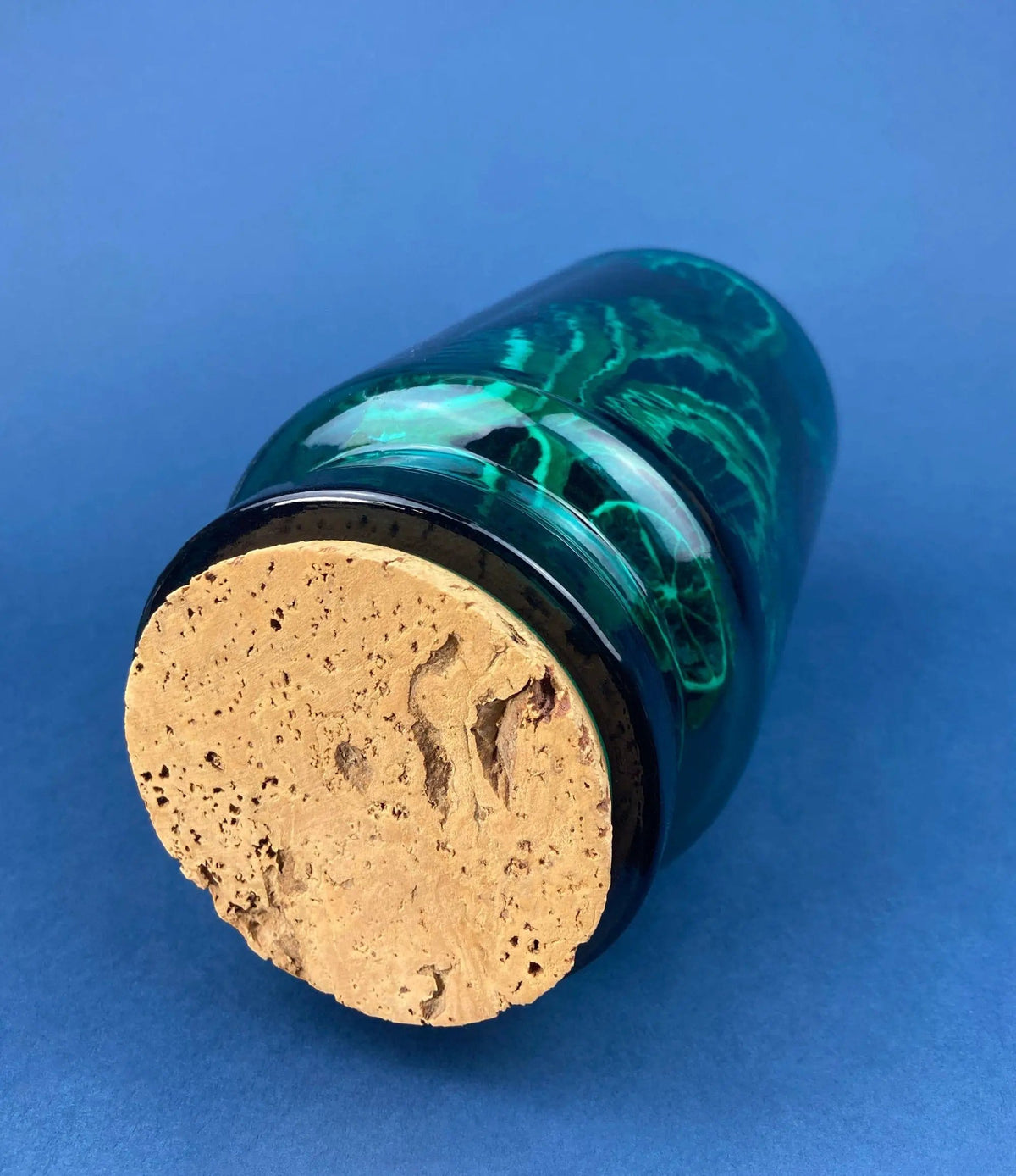 Green Glass Storage Jar with Dried Orange Slices | Large, Deep Green Glass Canister with Cork Lid | Countertop Container | Collectors & Hosts